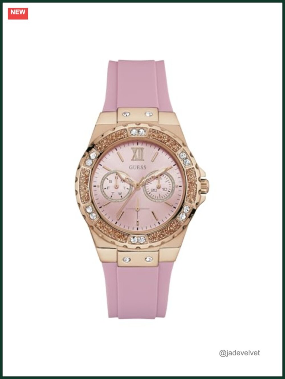 Guess Stainless Steel Silicone Watch Rose Gold Tone Crystal Day Date
